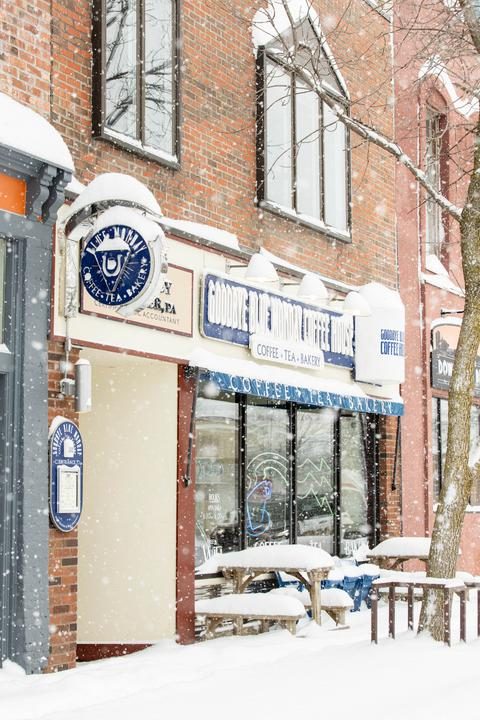 The Goodbye Blue Monday coffee shop in the winter with snow on the ground