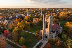 an aerial view of the Skinner Memorial Chapel