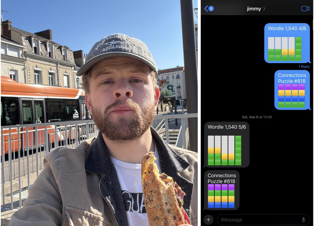 Collage with two images. On the left: Man in France, holding a French sandwich. On the right: Text messages showing NYT Wordle and Connections progress as square emojis. 