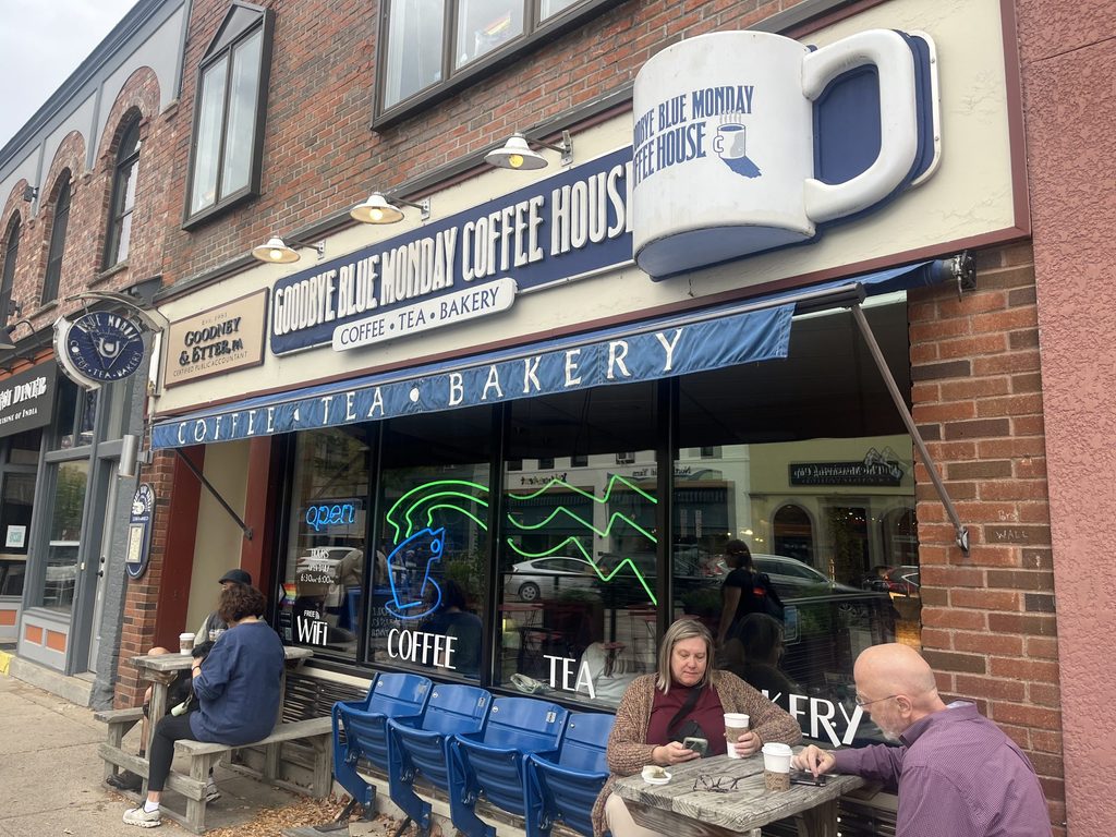 The outside of a local coffee shop, Goodbye Blue Monday