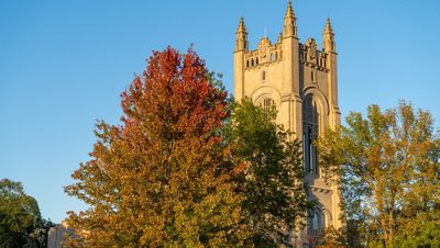The chapel and trees with fall colors