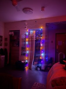 Halloween string lights on a closet