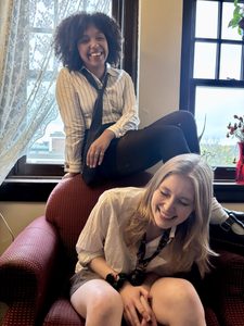 two girls laughing