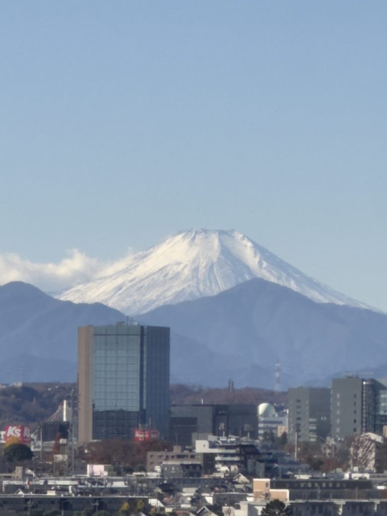 Mt. Fuji with a building in the front. 