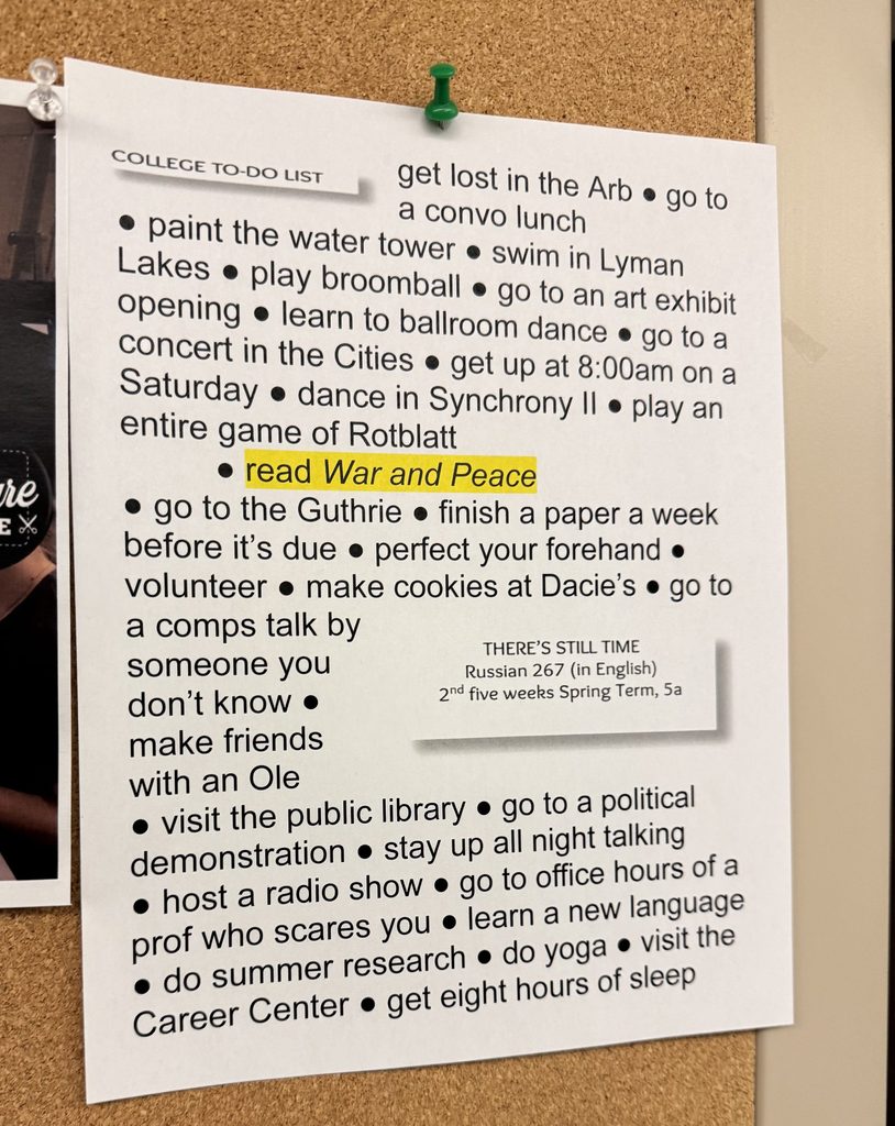 Flyer that reads "college to-do list" and lists a bunch of Carleton traditions, with "read War and Peace" highlighted in the center.