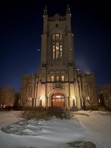 the chapel in the snow at night