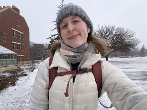 A girl walking on a snowy day