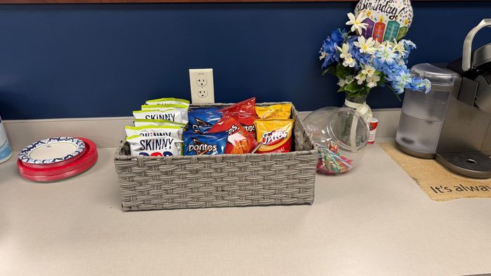 A basket of chips on a shelf