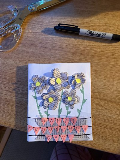 a card that reads "Happy groundhog day"