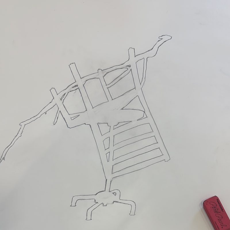 A line drawing of a chair, a tree, and a stool stacked in a precarious position