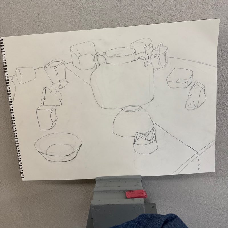 A line drawing of a variety of small objects sitting on a table