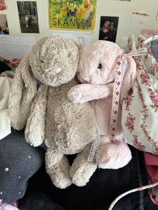 two stuffed bunnies hugging