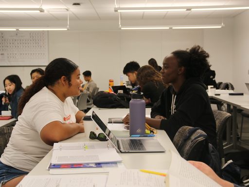 Two students discussing with each other in class.
