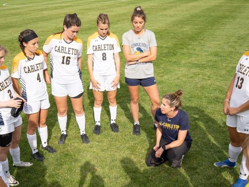 Coach Jessica Mueller with the Carleton women's soccer team