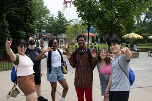 Six student workers smile at the camera at Valley Fair.