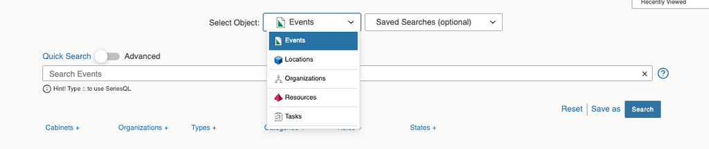 lt text:  Choices, including Events, Locations, Organizations, Resources, and Tasks are displayed for the Select Object area.