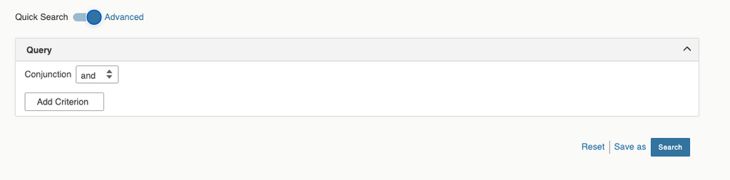 alt text:  the toggle for Quick Search and Advanced Search has moved to the Advanced Search position.  The Query allows you to add Criterion with, for example "and" as an parameter.