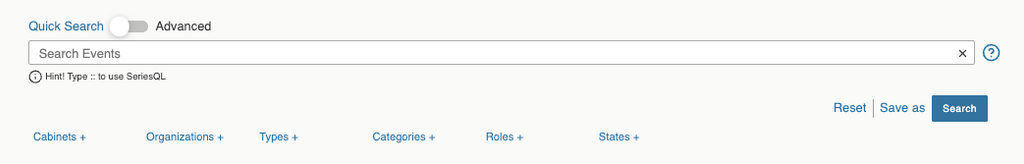 Under the Search bar, find the filter options, from left to right: Cabinets, Organizations, Types, Categories, Roles, States. Between the Search bar and the filters are the Reset, Save as, and Search buttons.