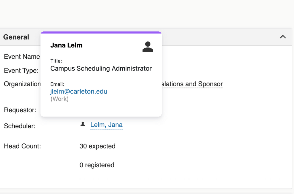 alt text: Click on the name of the Requestor or Scheduler for more information including title (e.g. Campus Scheduling Administrator) and email address.