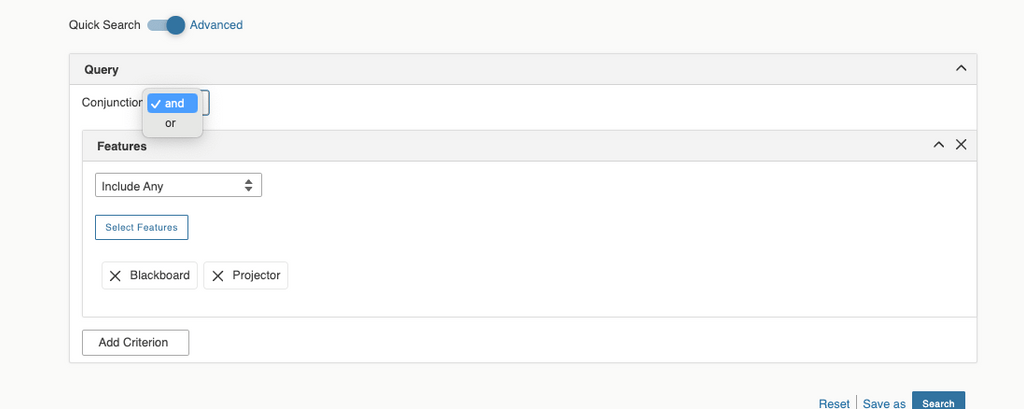 alt text: In Advanced Search, the two options for Conjunction are "and" and "or".