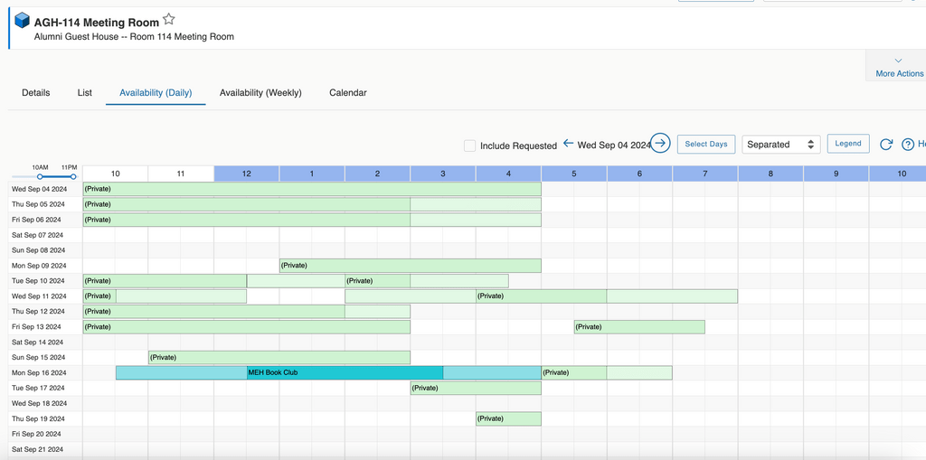 alt text: Availability grid for the date range Septemeber 04-21 (first column), with hours of the day each having a column, starting with 7am, through 10pm