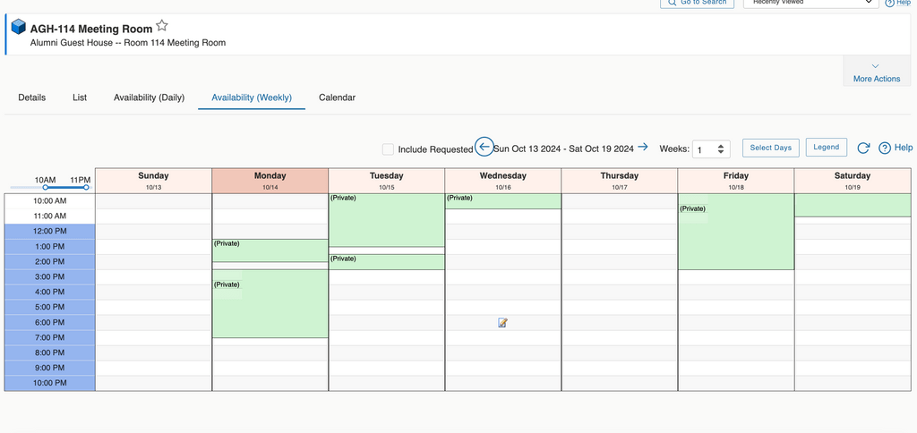 alt text: The weekly availability grid shows in the first row the days of the week, starting with Sunday, and in the first column the hours of the day from 7am-11pm.
