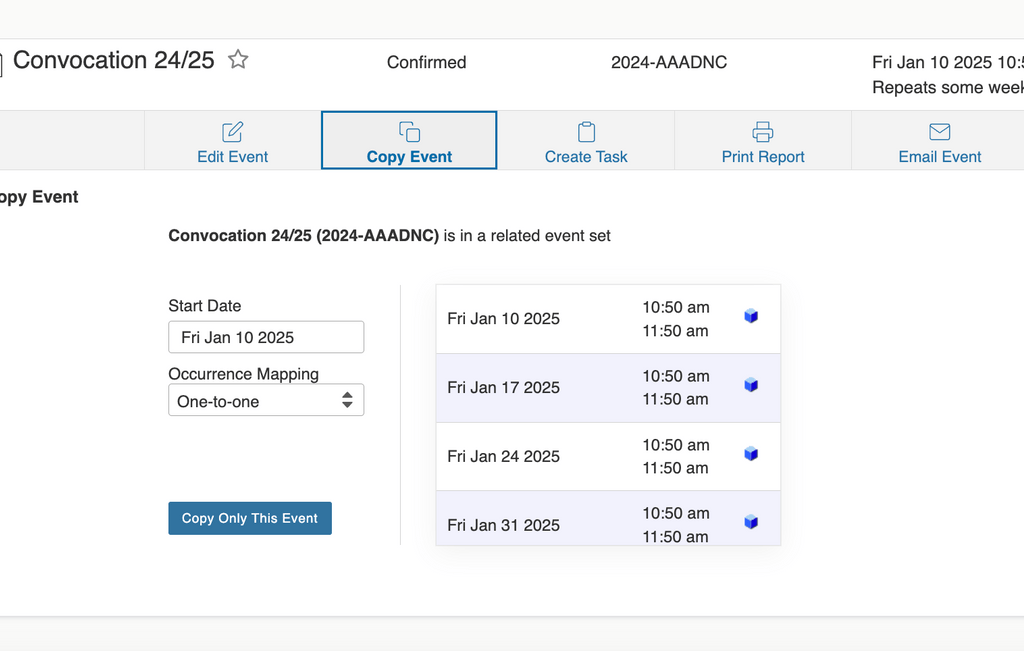 alt text:  When you select Copy Event, you learn if an event is related (for example, Emply Holiday Party is not in a related event set).  You can choose a start date and check on Occurrence Mapping.  At the bottom of the screen is the Copy Only This Event button.
