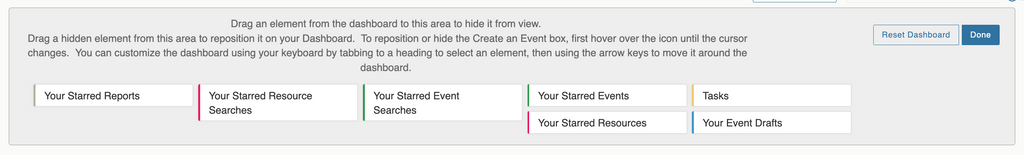 alt text: instructions to customize your dashboard by dragging and dropping sections such as Your Starred Reports, Your Starred Resource Searches, Your Starred Event Searches, Your Starred Events, Your Starred Resources, Tasks, and Your Event Drafts. Includes a button to Reset the Dashboard and a Done button in the top right corner of this segment.