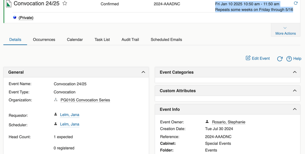 alt text: The Details screen provides general information (event name, event type, requestor, scheduler, headcount expected and registered), completed tasks (approvals, assignments and to dos), event relationships, event categories, custom attributes, and event info (event owner, creation date, reference and where it is sorted)