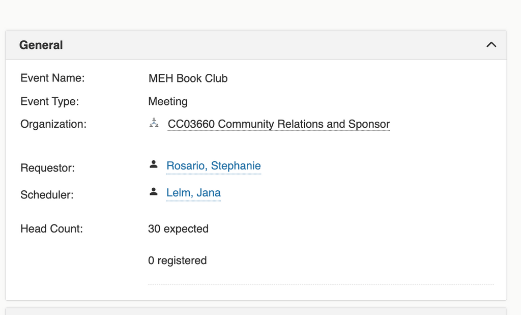 For events, contact details are included for the Requestor and Scheduler.