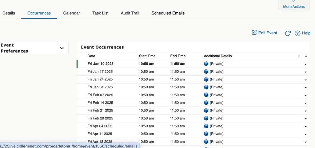 alt text:  Under the Occurrences tab, you find event preferences (selected preferred locations) and event occurrences with date, start and end time, and additional details like multiple locations.