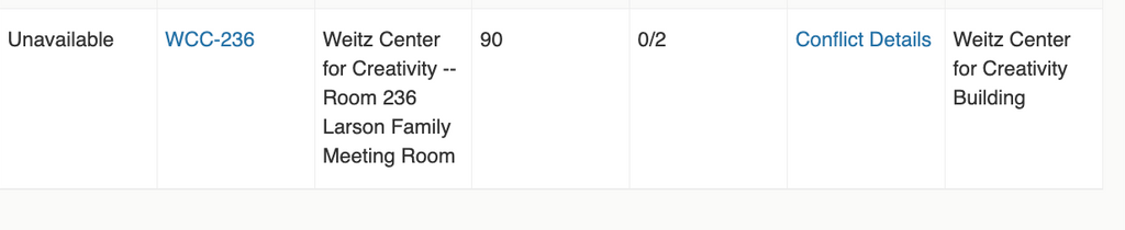 alt text: If a room appears on the list as Unavailable, the link Conflict Details will give more information about conflicts.