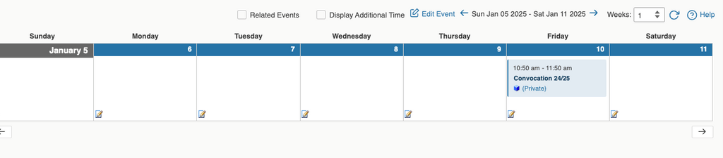 alt text: Under the Calendar tab, we see a calendar grid set to display one week, with the event (Convo) listed on Friday with its time and locations. Pencil icons and edit functions are visible in multiple places.