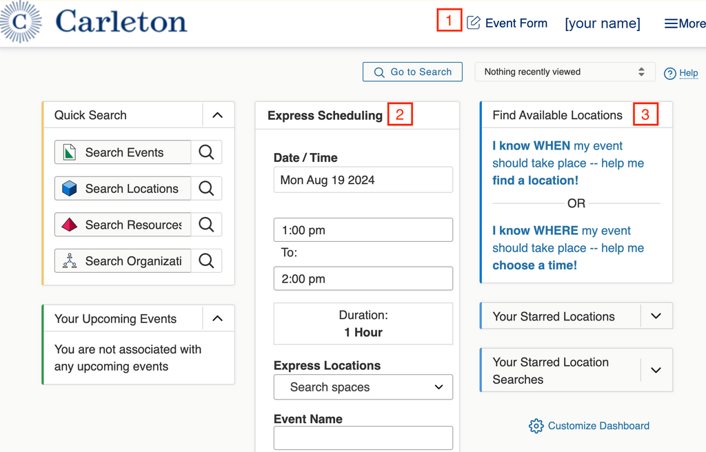screenshot of 25Live dashboard