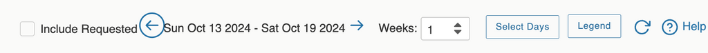 alt text: Weekly view includes arrows to move to different views, a drop-down menu for Weeks to change the number of weeks displayed, with the default of 1, a Selct Days and a Legend button.