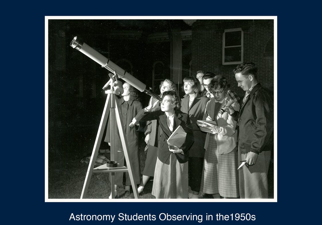 Telescope observation 1950 showing eight students