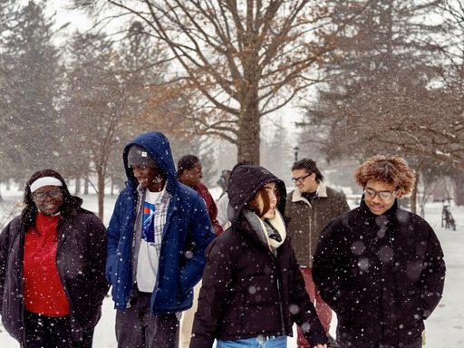 students walking in the snow
