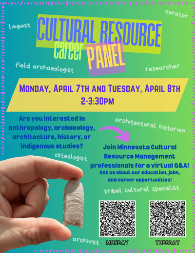 Cultural Resource Career Panel on Monday April 7th from 2-3:30.