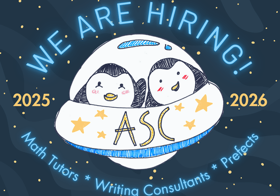 We are hiring Math Tutors, Prefects, and Writing Consultants! Two penguins smile from a UFO.