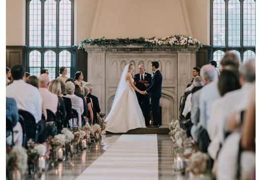 aisle view of bride and groom during wedding ceremony