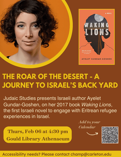 event poster in gold and brown, with Ayelet Gundar-Goshen's photo and book image