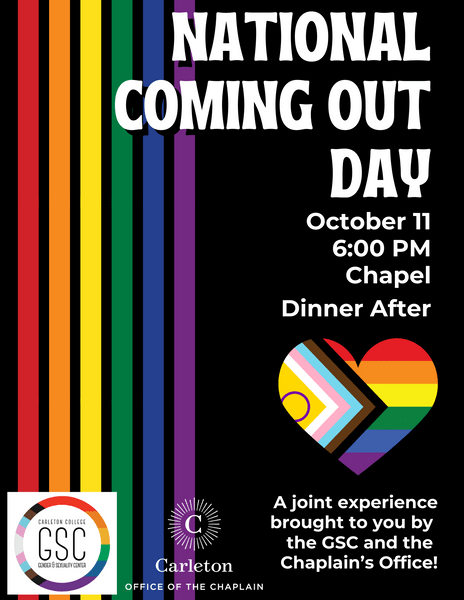 National Coming Out Day Poster for October 11, 2023 at 6pm in the Chapel with dinner after