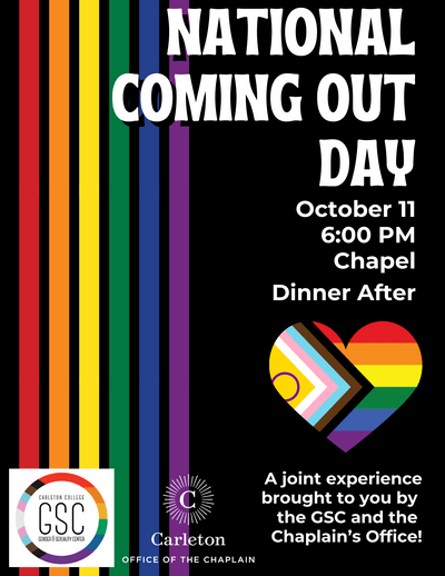 National Coming Out Day Poster for October 11, 2023 at 6pm in the Chapel with dinner after