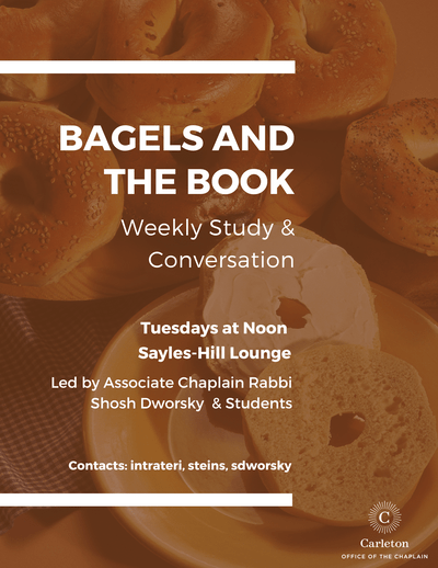 Bagels and the Book poster with a background of an assortment of bagels, one has cream cheese
