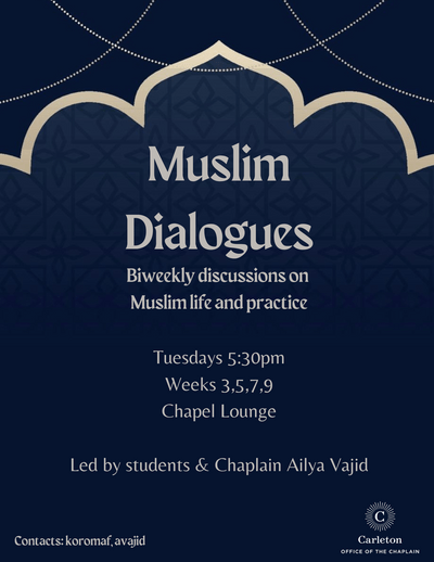 Muslim Dialogues poster with a dark blue background featuring Islamic patterns