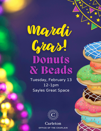 Mardi Gras Donuts & Beads poster with a stack of donuts on the right and closeup of beads on the left