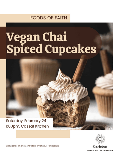 Foods of Faith Poster with a Vegan Chai Spiced Cupcake with a bite taken out of it