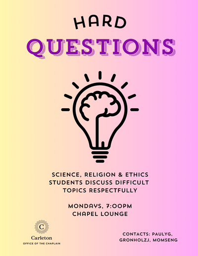 Hard questions posteer with yellow to pink gradient background and a simple drawing of a lightbulb with a brain inside it
