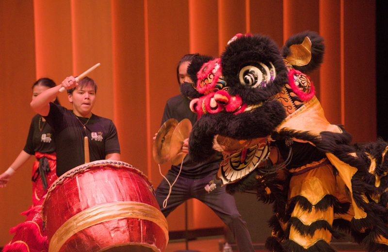 Black lion dancer with drum