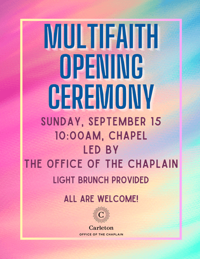 Multifaith Opening Ceremony Poster with pink, yellow and green swirl of colors